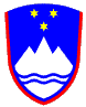 a shield with the image of Triglav in white against a blue background
  at the center, beneath it are two wavy blue lines depicting seas and 
  rivers,
  and around it, there are three six-sided stars arranged in an inverted 
  triangle